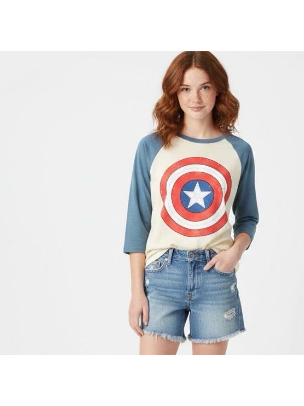 Marvel Captain America Baseball Raglan Tee with Distressed Shield - Size Large